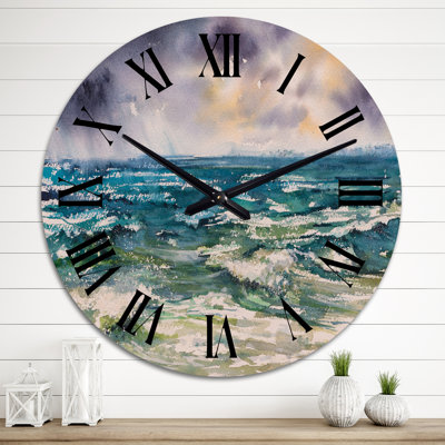 Vagues de mer et ciel dramatique - horloge murale nautique et côtière