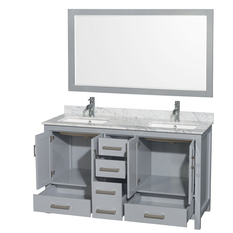 Meuble-lavabo double autoportant 60 po avec plateau en marbre Sheffield, Gris