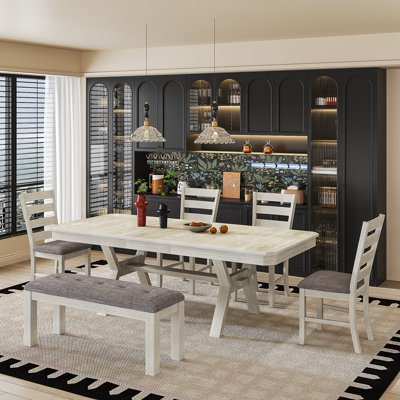 Ensemble de table de salle à manger extensible en bois massif 6 pièces pour 6 à 8 personnes, ensemble de table de cuisine avec chaises et banc, ensemble de table de salle à manger rectangulaire pour la salle à manger