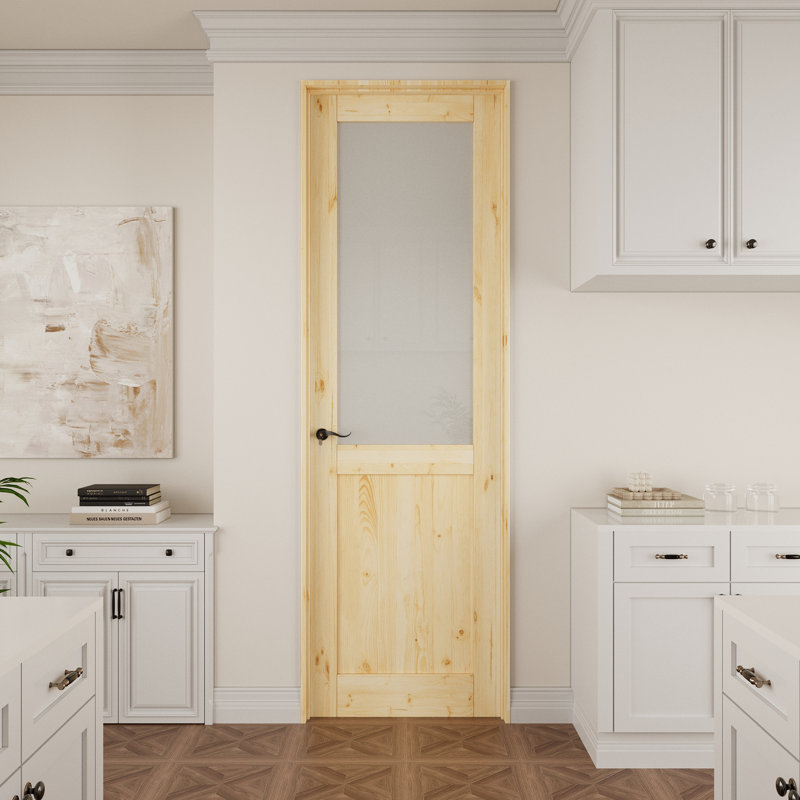 Porte intérieure semi-vitrée en pin massif naturel, style colonial, prémontée, avec kit de chambranle, joint d'étanchéité, ouverture à droite vers l'intérieur, charnières noires et poignée incurvée, non finie et à peindre, pour garde-manger, chambre, salle de bain et garde-robe, 91,4 cm x 203,2 cm