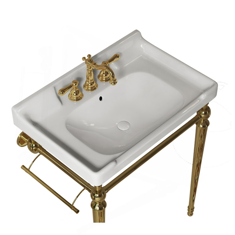 28" Bathroom Ceramic Basin With 3 Pre-Drilled Hole, NO Cabinet And Faucet, White, White