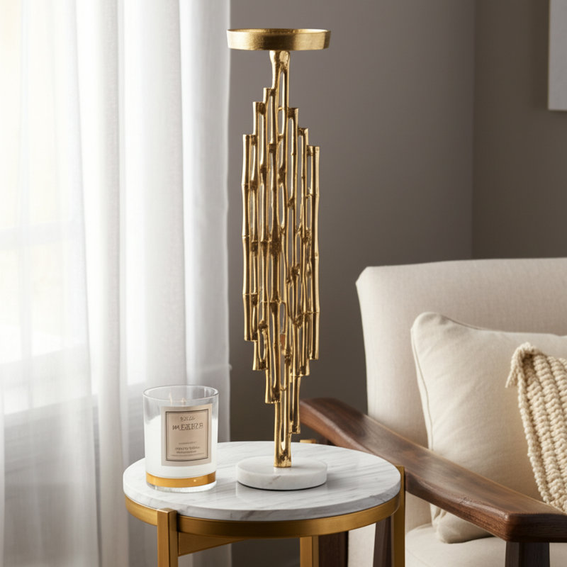 Modern Metal and Marble Pillar Candle Holder - Contemporary Sculptural Design with Textured Aluminum and Stone Accents for Decorative Display - Single Freestanding Minimalist Candle Stand