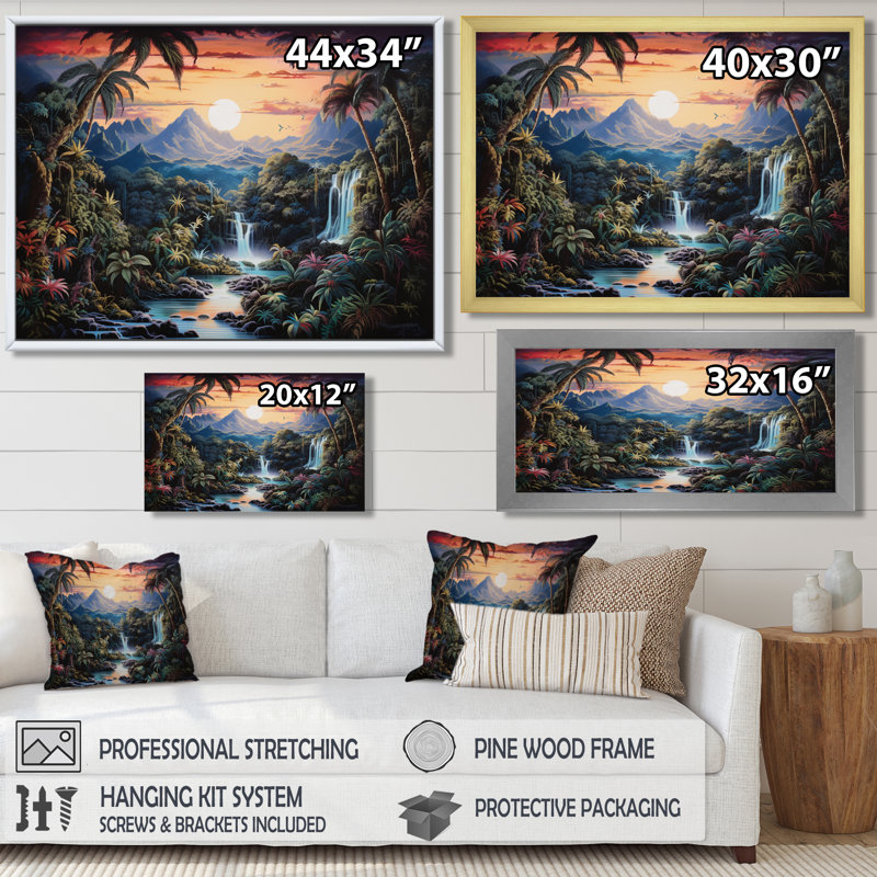 Décoration murale, cascade, paradis tropical, coucher de soleil sur les montagnes, H 24 po x l 32 po