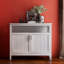 Kitchen Buffet Server Cabinet In White. E1 Construction. Coated Surface For Durability. Spacious Storage With Adjustable Shelves. Easy Assembly All Components Included. Safe Magnetic Door Components.