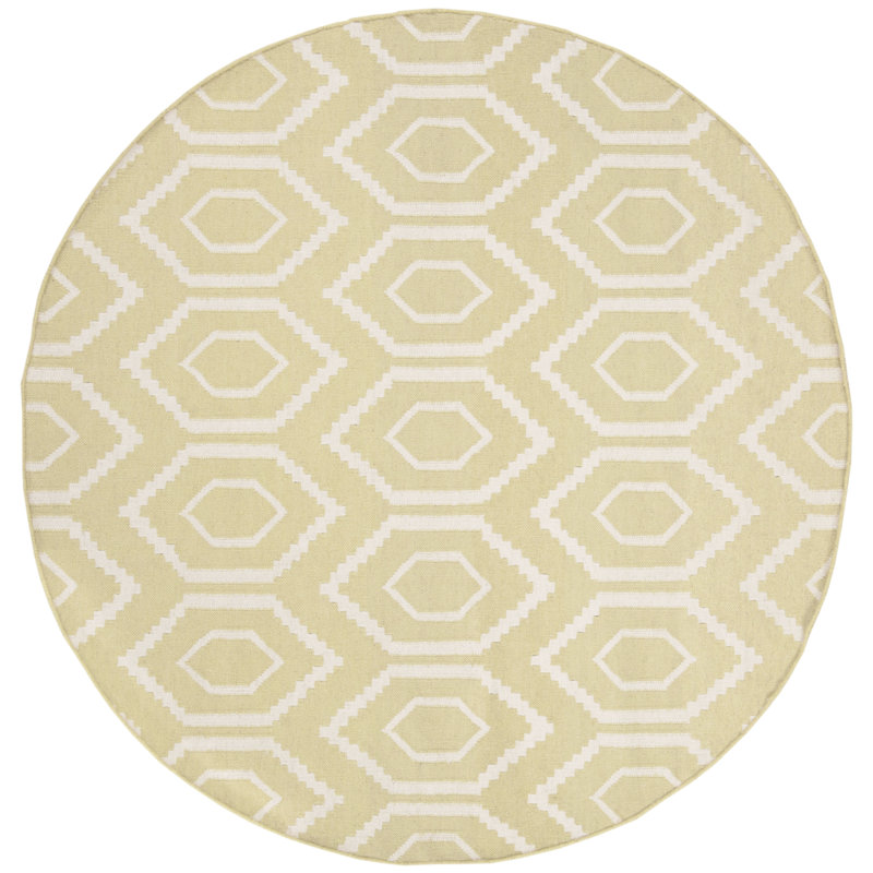 Dhurries Hand Woven Flat Weave Wool/Cotton Geometric Rug in Ivory/Green, Round 8'