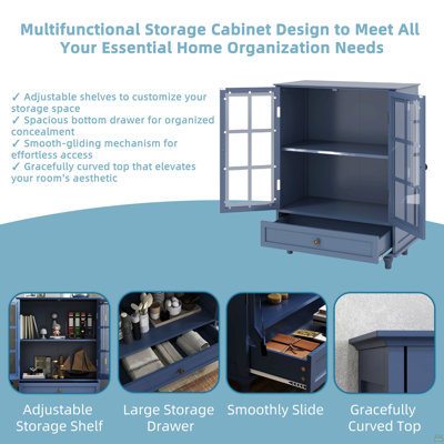 Minimalist Blue Buffet Cabinet with Double Glass Doors and Drawer, Modern Wooden Storage Sideboard Cupboard for Living room, Dining Room Hallway Entryway