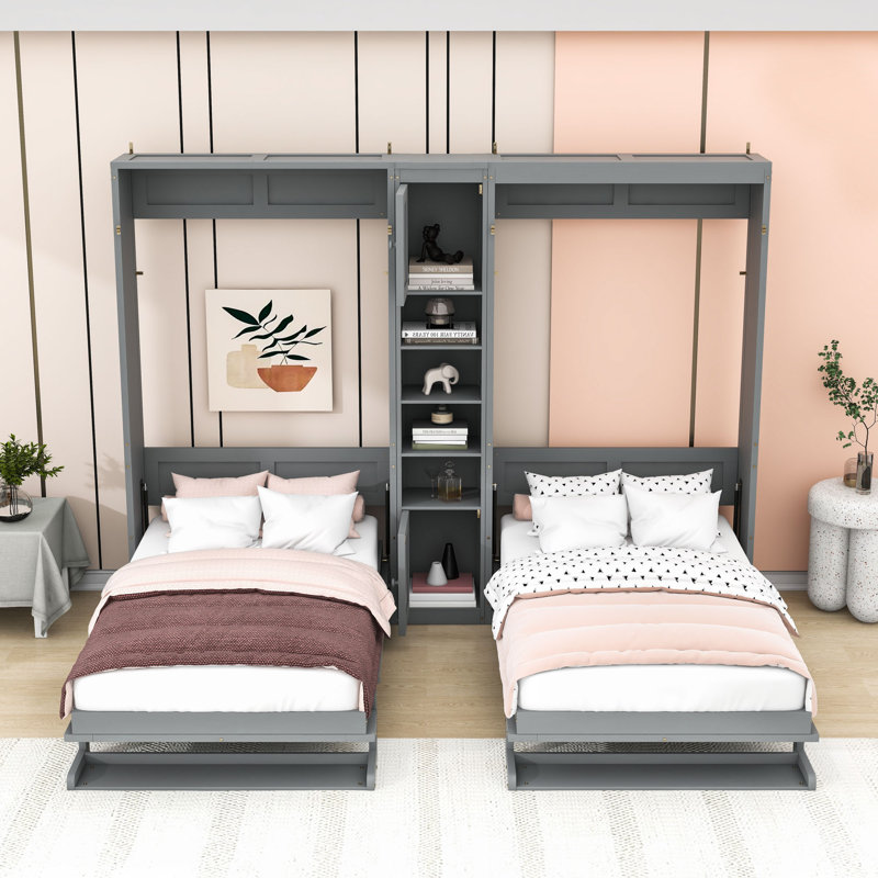 Unité de lit escamotable double avec tablette convertible, Gris