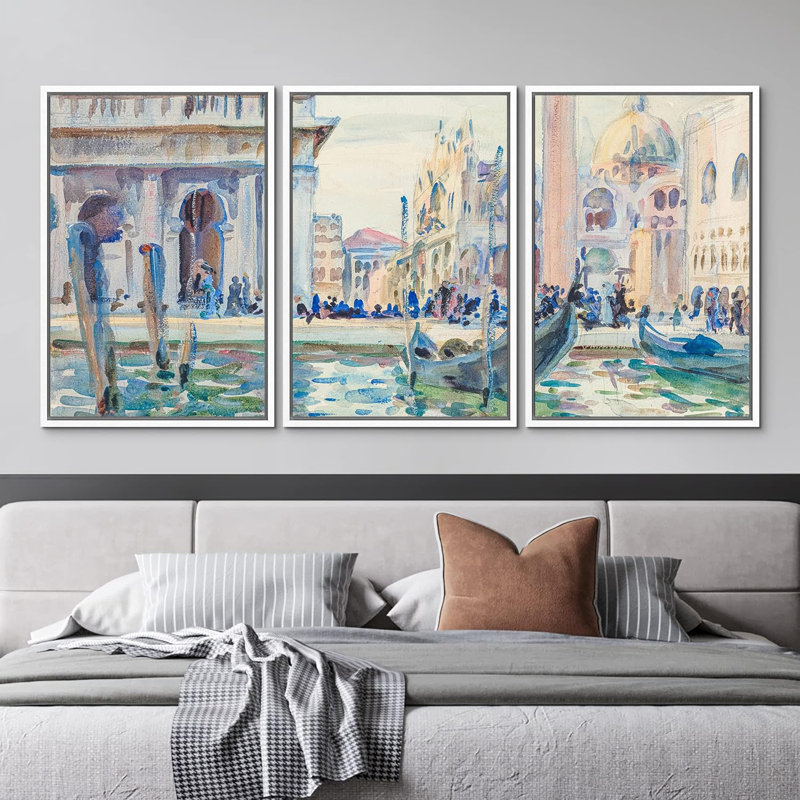 Aquarelle, gondole italienne de Venise, 3 pièces, H 36 po x l 24 po x P 1,5 po, Blanc