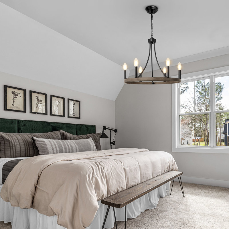 6 - Light Dimmable Wagon Wheel Chandelier, Weathered Wood