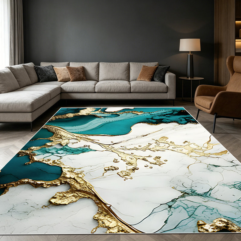 1PC teal and gold marble fluid abstract area rugs for Living Room, Soft and Comfortable, Suitable for all seasons, easy-to-maintain, machine washable Indoor floor mat, Under Table Farmhouse suitable for bedroom, dining room, entryway, home office,
