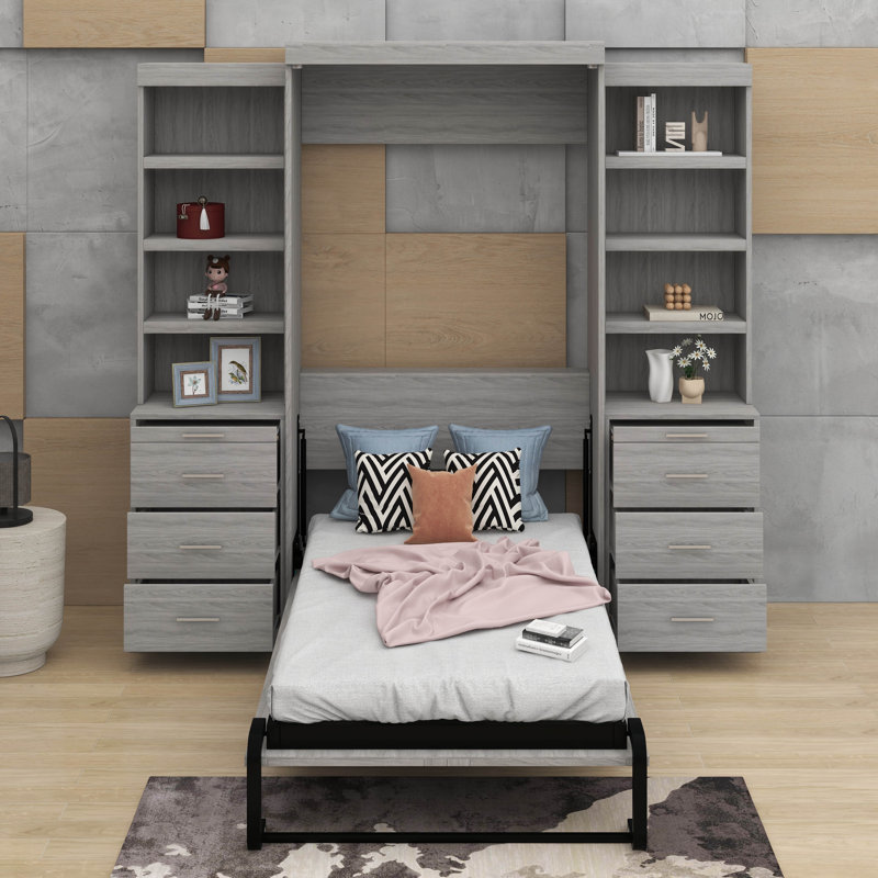 Lit escamotable double avec tablettes et tiroirs