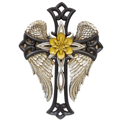 Resin Elegant Wall Cross Angel Wings with Flower Design