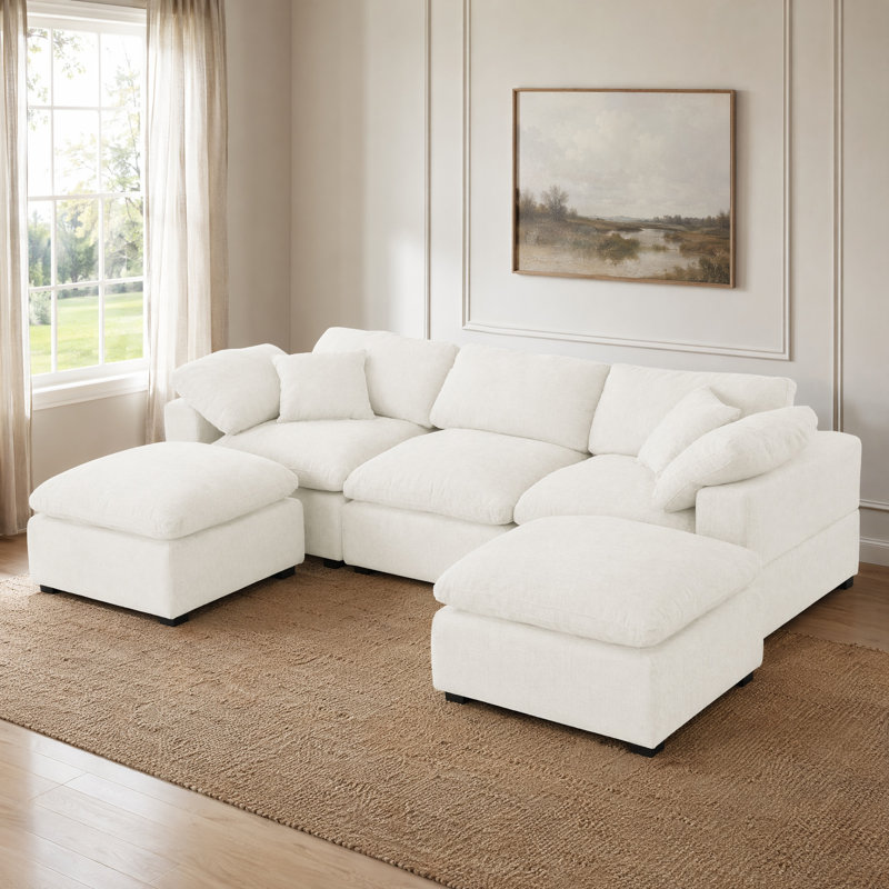 Modular Plush Chenille Extra Soft Deep Cloud Sectional U-shaped Sofa With Ottoman & Pillow-top Arms, Cream White Chenille