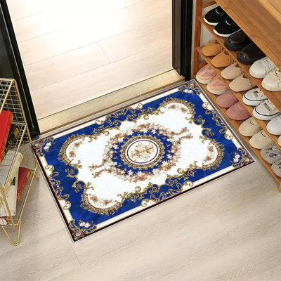 Ornate Blue And Gold Pattern Area Rug, Soft And Lightweight, Suitable For All Seasons, Easy To Maintain And Easy To Clean, Machine Washable Carpet Floor Mat, Suitable For Living Room, Bedroom, Dining Room, Balcony, Office, Room Decor, Home Decor, Outdoor