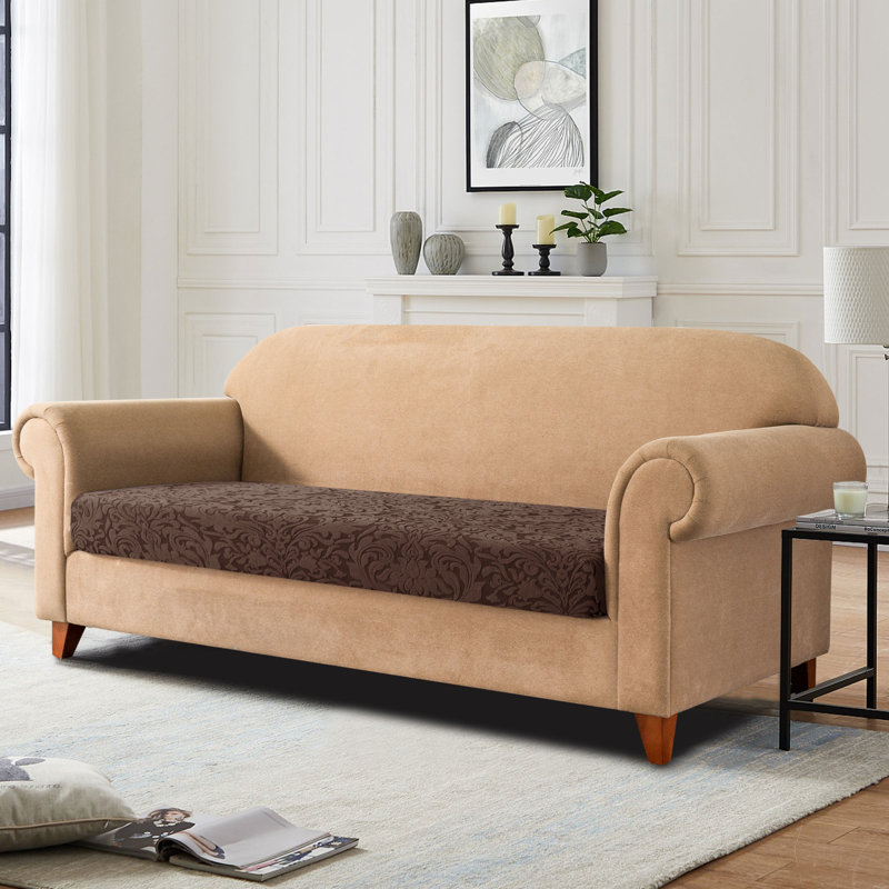 Damask Box Cushion Sofa Slipcover, 9cm H x 70cm W x 27.5cm D, Chocolate