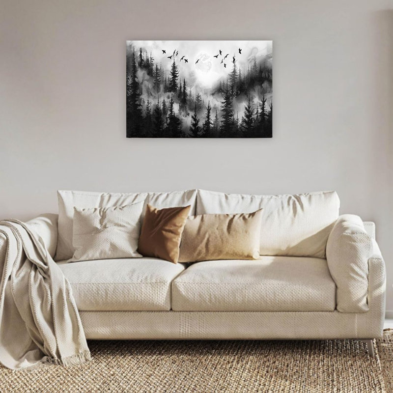 Oiseaux de forêt noir et blanc, art mural à cadre en bois à l'arrière, 24 po x 36 po