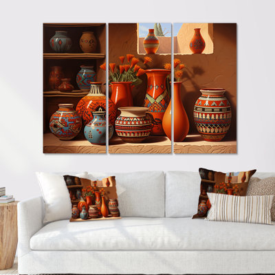 Vase mexicain en terre cuite fleurs orange - ensemble de décoration murale fenêtre florale