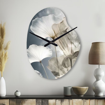 Tropical Palm Art For Ginkgo Art III - Grey Asymmetrical Metal Wall Clock, Traditional Unique Shape Metal Clock Print