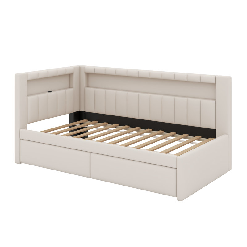 Lit plateforme tapissier simple avec ports USB et ceinture à DEL, avec 2 tiroirs, Blanc