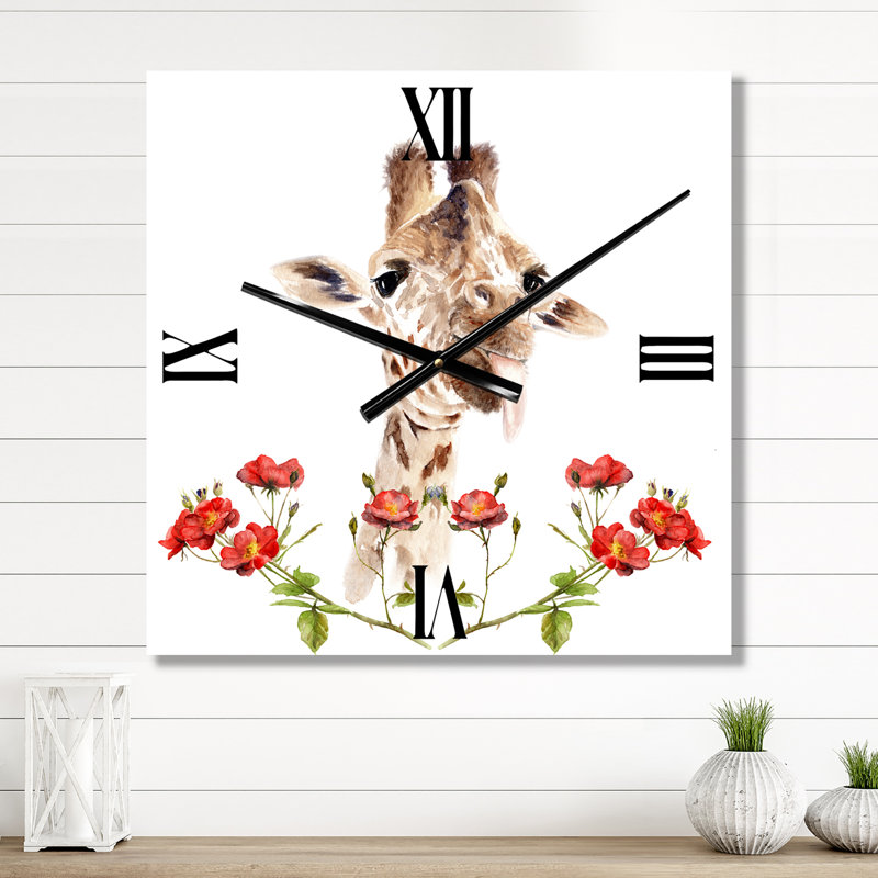 Portrait d'une girafe avec des fleurs II - Horloge murale de ferme, Petit