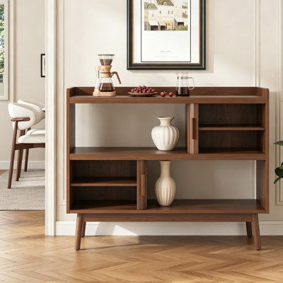 Mid Century Modern Fluted Buffet Cabinet With Sliding Doors And Built-In Outlet, 44-Inch Sideboard With Adjustable Shelves And Open Storage Spaces, Console Table For Living Room, Walnut