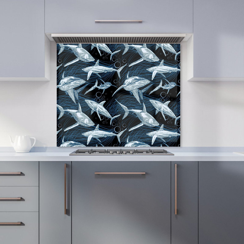 Hand Drawn Shark Pattern Premium Glass Kitchen Splashback W600mm x H750mm