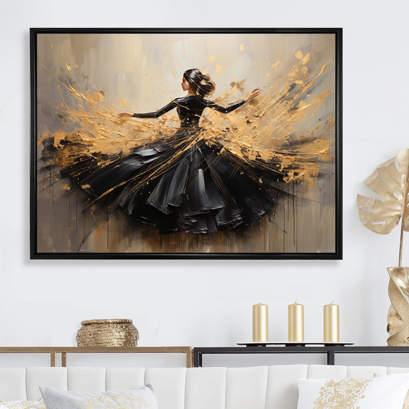 Gold and Black Dance Splash II - Danse, reproduction d'art encadrée, H 32 po x l 24 po x P 1 po, Cadre flottant noir