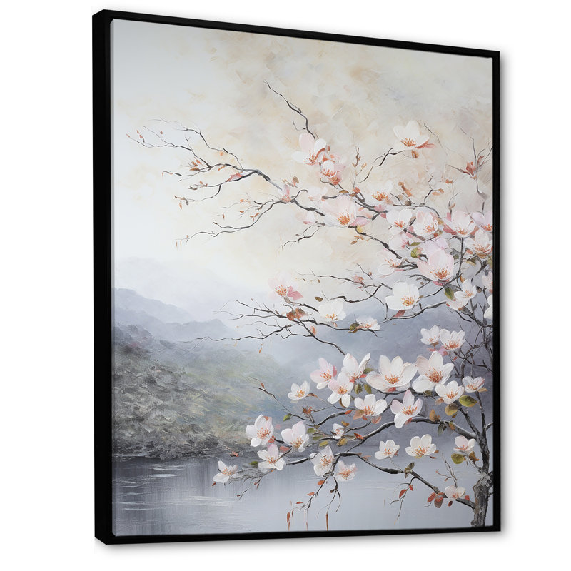 Fleurs de cornouiller du Japon III sur toile, Cadre flottant noir, H 44 po x l 34 po x P 1,5 po