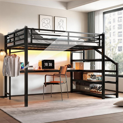 Classic Black Queen Size Multifunctional Loft Bed, Metal and MDF Construction With Built-in Desk, LED Lights and Storage Stairs