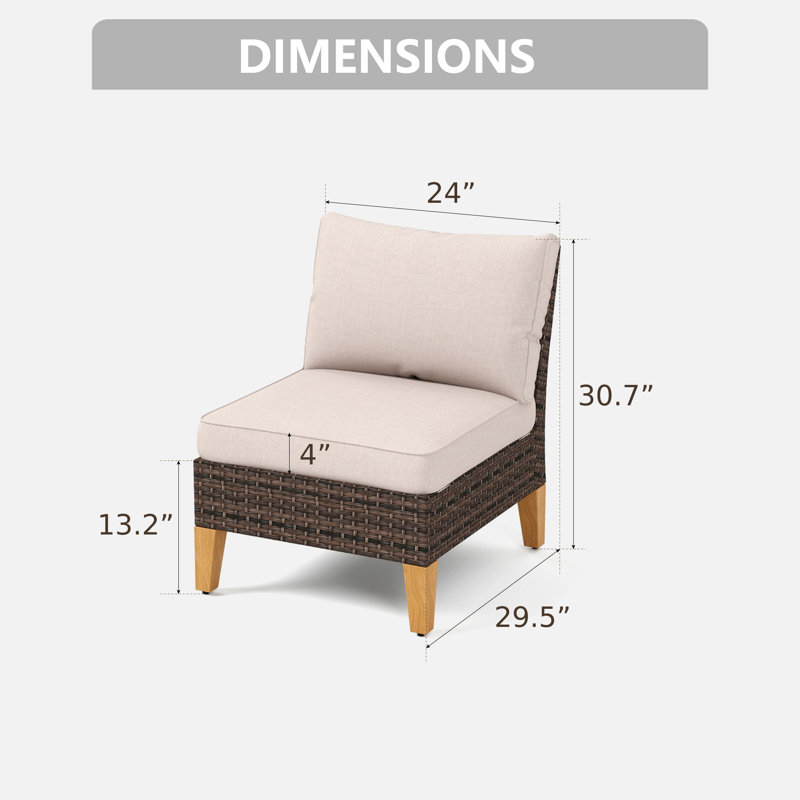 Chaise d'extérieur sans accoudoirs en osier avec coussins Shutesbury, Beige