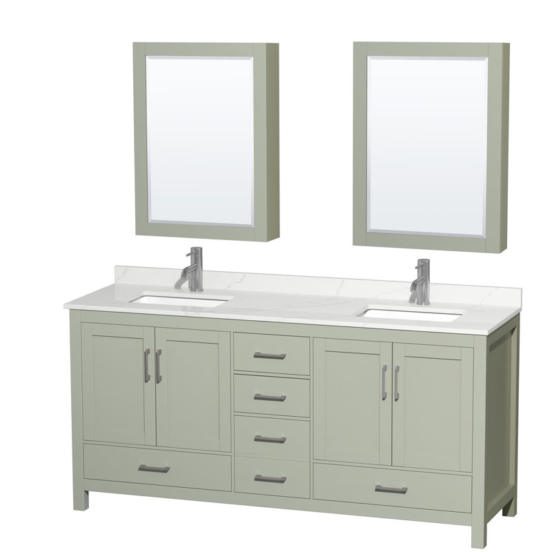 Sheffield 72" Freestanding Double Bathroom Vanity with Quartz Top with Medicine Cabinets, Green, Brushed Nickel