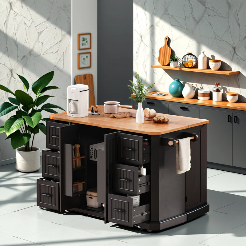 56-Inch Kitchen Island With Rubberwood Veneer Folding Panel, Electrical Outlet, 4 Door Shelves, Embossed Vertical Stripe Rolling Kitchen Cart