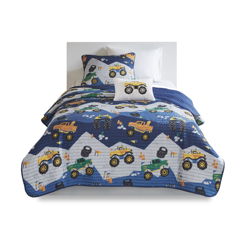 Nash Blue Monster Truck Reversible 3-Piece Twin Quilt Set, Twin Quilt + 1 Standard Sham + 1 Throw Pillow