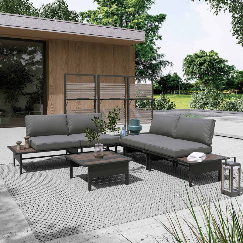 6 Pieces Outdoor Metal Frame Patio Furniture Set, Dark Gray Cushion/Gray Frame