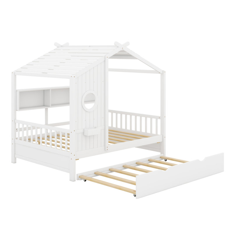 Lit de maison en bois avec lit gigogne, conception moderne pour enfants avec tablette de rangement, Blanc, Double