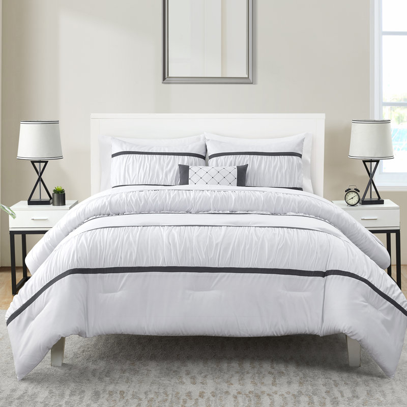 Trisha Ruched Stripes Bed-in-a-Bag Comforter Set, Queen Comforter + 7 Additional Pieces, White