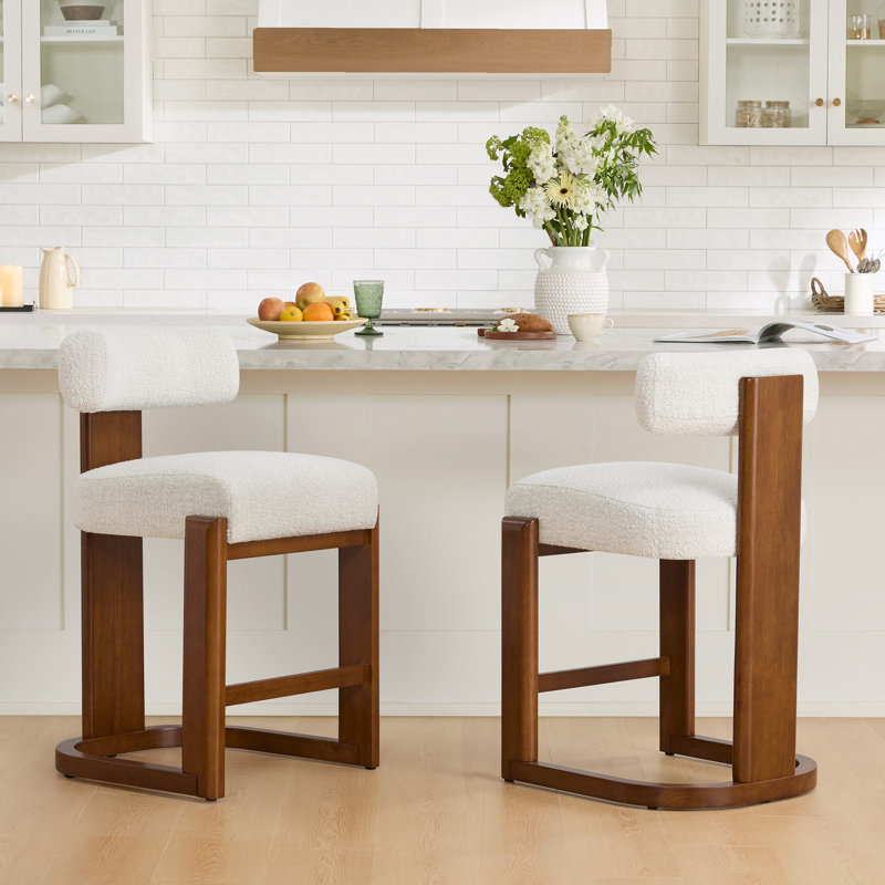 Tabouret de comptoir rembourré en bois massif, Siège perle / structure noyer
