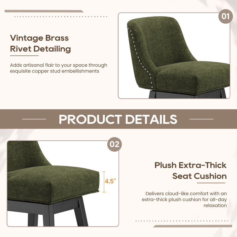 360°Bar Counter Stool with Solid Wood Frame, Green
