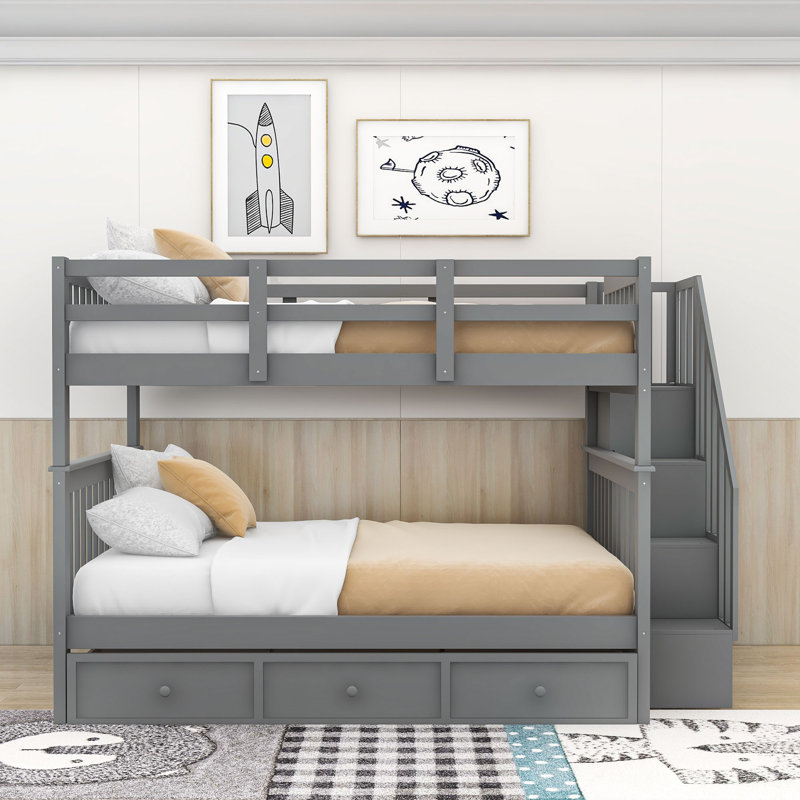 Lit superposé double en bois avec tablettes Mattawa, gris