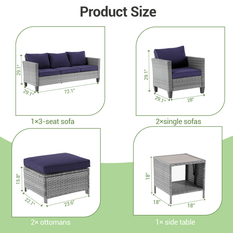 Regi 5 - Person Patio Wicker Conversation Set with Cushions and Rocking Swivel Chairs, Navy, Gray