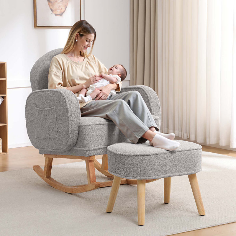 Upholstered Teddy Rocking Chair With Ottoman, Light Grey