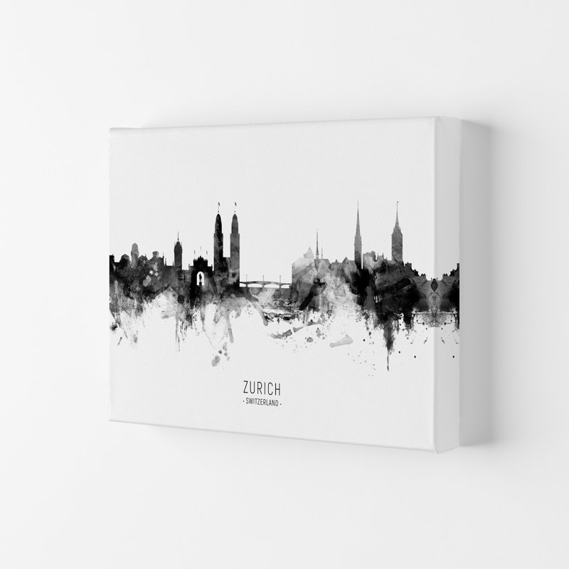 Zurich Switzerland Skyline Black White City Name by Michael Tompsett - Print, 29.7cm H x 42cm W x 4cm D, Wrapped Canvas
