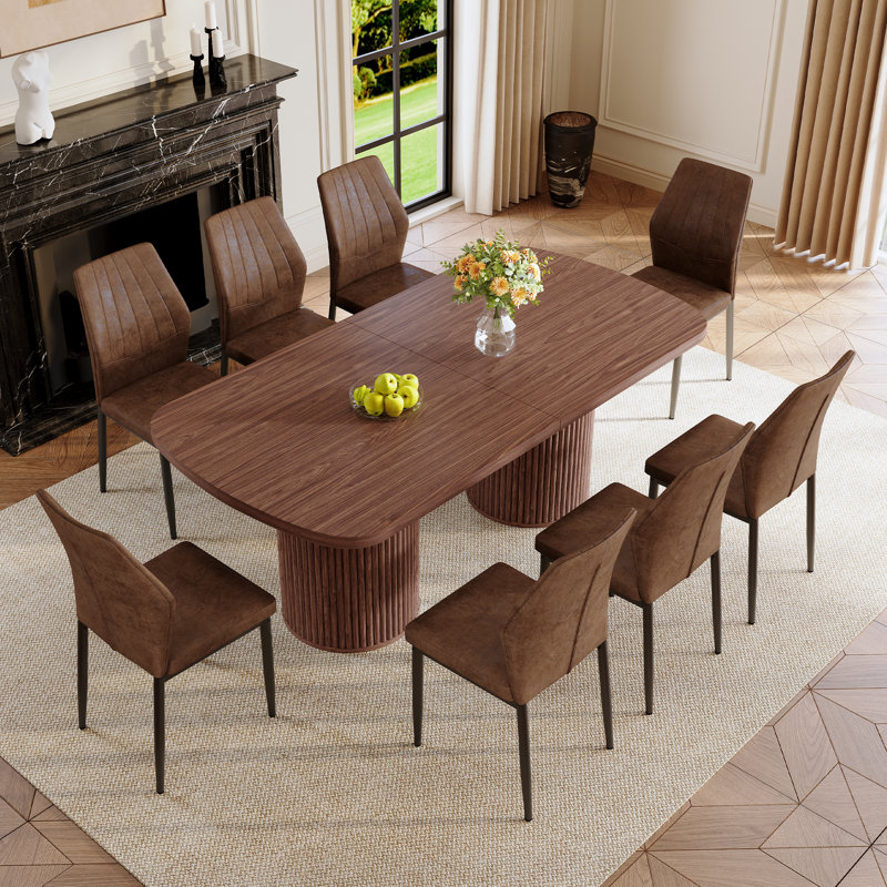 Ensemble de table de salle à manger moderne de 8 à 79 po en noyer Welles, 9 Pieces: Table, 8 Chairs, Walnut