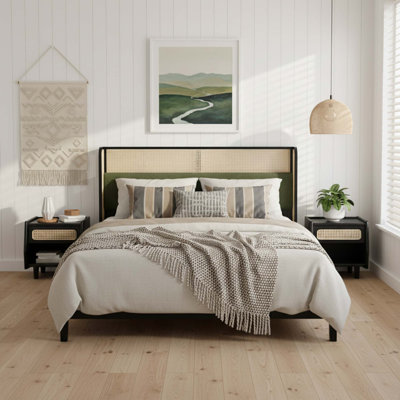 Cadre de lit Queen Size avec tête de lit et sommier en bois massif, sans sommier tapissier, mobilier de chambre moderne