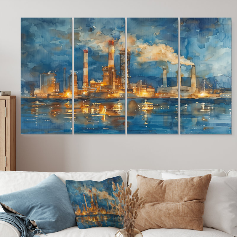 Ensemble de salon art mural gris et bleu - centrale électrique, H 32 po x l 64 po