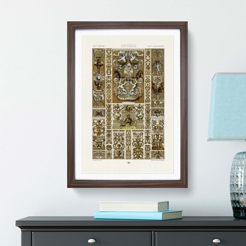 17th Century Pattern with Horses by Albert Racinet - Picture Frame Painting Print, 87cm H x 62cm W x 2cm D, Walnut Framed