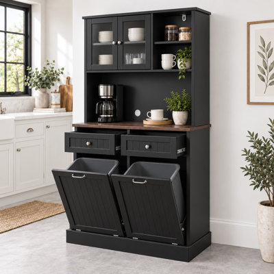 Armoire de cuisine de 172 cm (67,7 po) de hauteur avec portes vitrées, tiroirs et poubelle basculante de 75 litres (20 gallons) - Style ferme - Noir