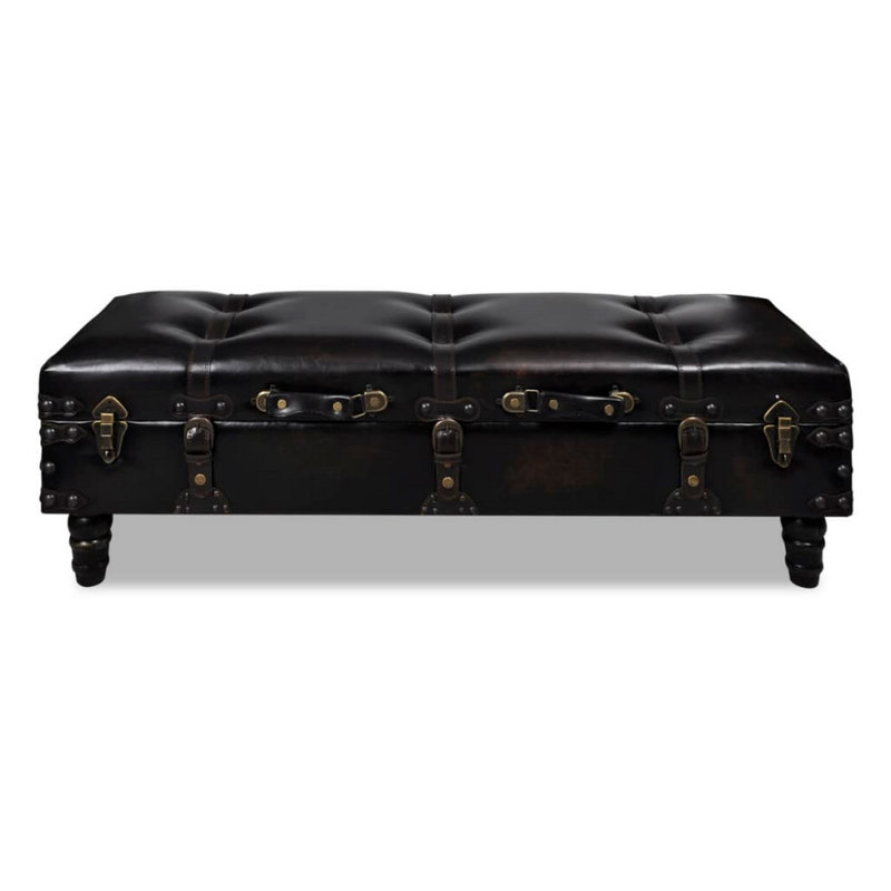 Banc de rangement avec repose-pieds, bois massif, similicuir capitonné noir, 44 po