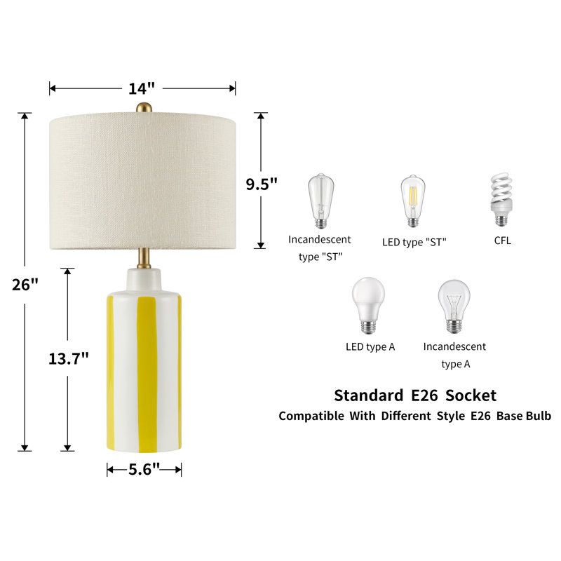 Modern Yellow Ceramic Table Lamp With Linen Drum Shade, 26" H x 14" W x 14" D