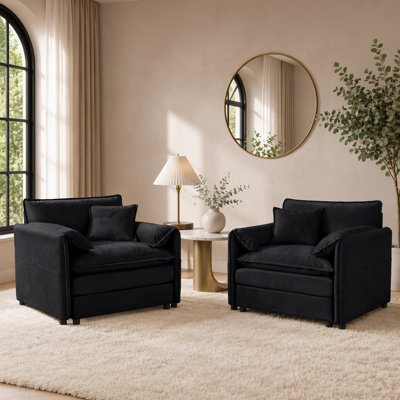 Ensemble de 2 chaises d'appoint surdimensionnées en chenille surdimensionnées, fauteuil simple confortable avec grand siège, fauteuil de lecture moderne pour chambre à coucher, salon, chenille, noir